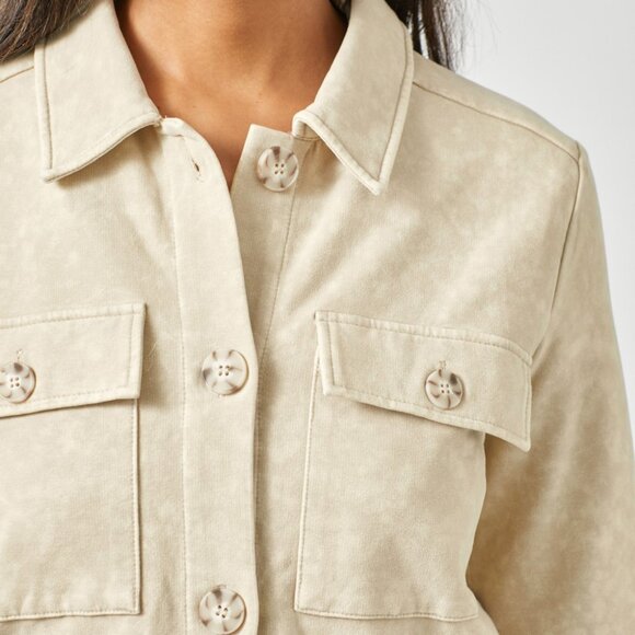 MYSTREE Beige Button Front Utility Shacket, Soft Brushed Cotton Long Sleeve - Picture 4 of 4